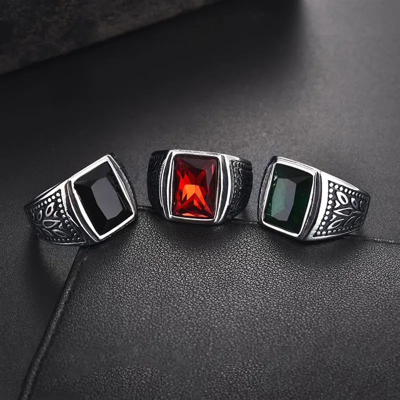 Vintage Men Ring Titanium Stainless Steel Red Black Green Square Zircon Stone Finger Ring Punk Hiphop Male Jewelry Party Gift