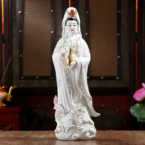 Porcelana branca, Guanyin Avalokiteshvara, escultura de Buda, ornamento de cerâmica, estátua, Kwan-yin Bodhisattva altura 35cm