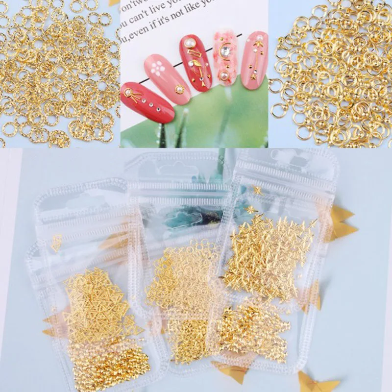 200pcs 1Bag Mixed Shaped 3D DIY Hollow Metal Frame Nail Art Decorations  Gold Rivet Manicure Accessories Nail Glitter Studs
