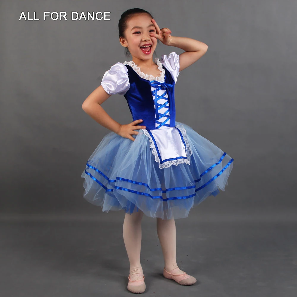 

20180 New Royal Blue Velvet Top With Satin Puff Sleeves Mid-length Ballet Dance Dress For Girls/Women Ballet Stage Performance