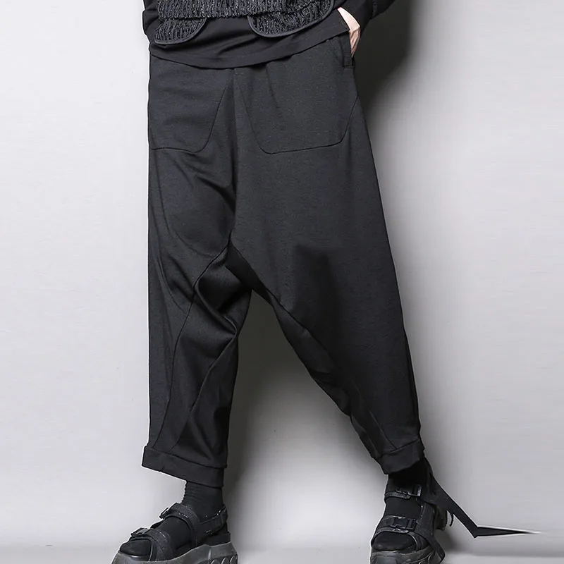 Men's Pants Low-Grade Black Autumn Personalized Design Irregular Cutting Loose Harlan Off Crotch Wide Leg Pants Straight Tube