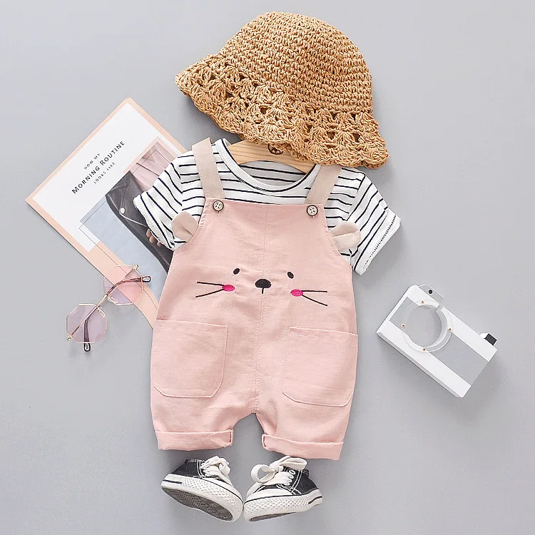 summer kids clothing new baby boy clothes sets cartoon short-sleeved striped T-shirt + shorts 2 piece boy girl suit