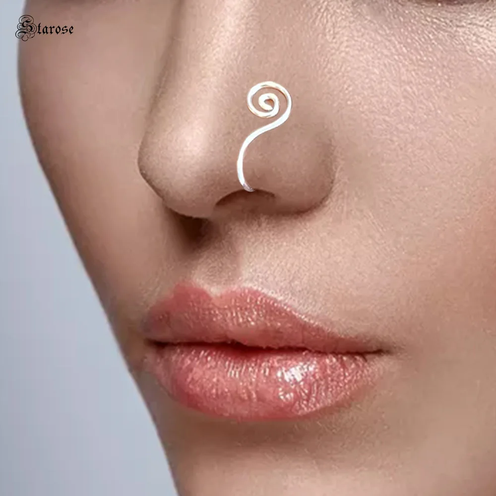 

Starose 2Pcs New Fashion e Style Nose Pins Swirl Nose Cuff Street Fake Nostril Piercing Helix Ring Clip on Earrings Ear Jewelry