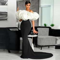 Elegant Black And White Evening Dresses Aso Ebi   Style Mermaid Shape With Train Puffy Ruffles Strapless   Cap Sleeve