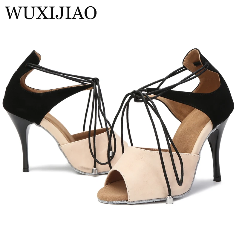 WUXIJIAO dance shoes Latin women's salsa silk satin shoes professional dance shoes ballroom black paint heel soft sole