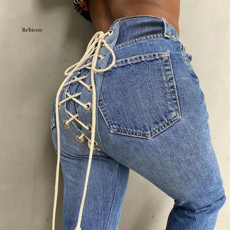 

Lace Up Fashion 2020 Autumn Women Jeans High Waist Slim Blue Bodycon Demin Pants Pockets Street Style Long Trousers Hot