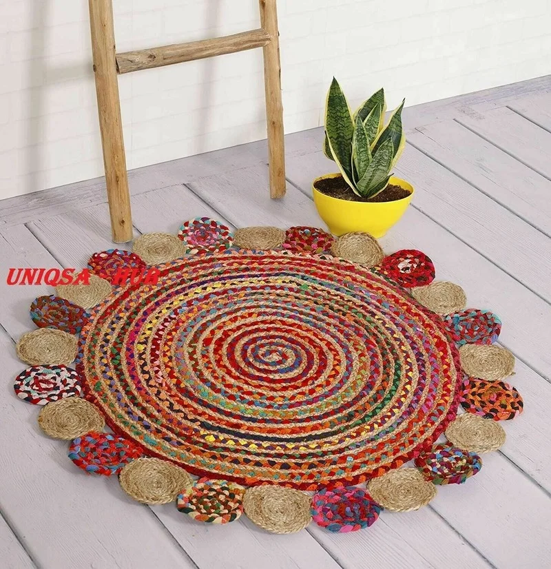 Rug Jute and Cotton 4x4 Feet Handmade Rug Double-sided Home Decoration Guest Decorative Rug  Living Room Decoration