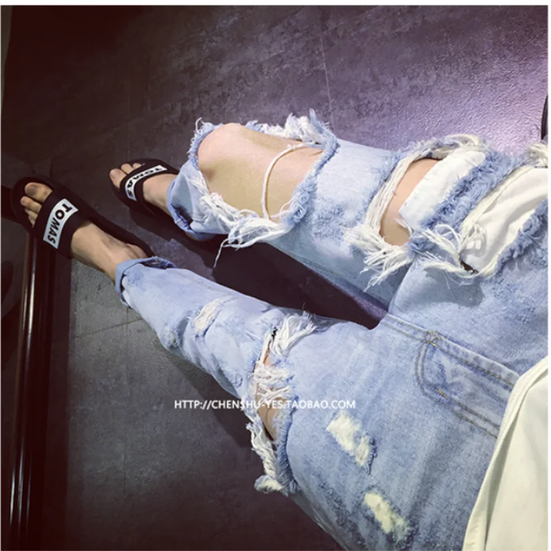 28-42 big ripped jeans trendy men exaggerated trend wild cropped pants oversized super ripped personality nightclub