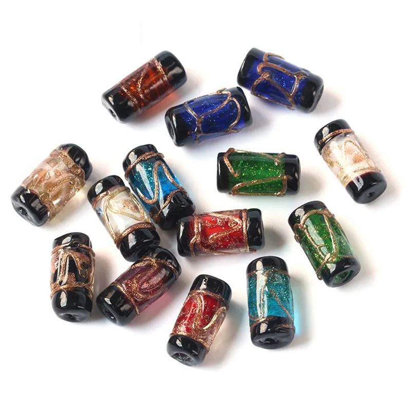 5pcs Foil Lampwork 16x8mm Cylinder Handmade Loose Beads for Jewelry Making DIY Crafts Findings