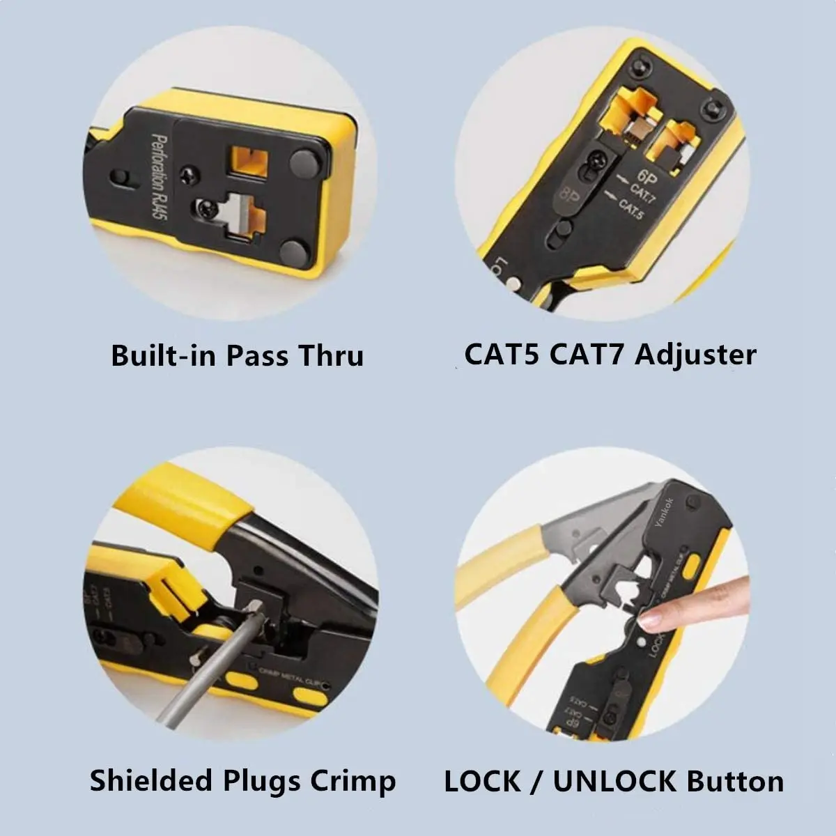 ZoeRax RJ45 RJ11 Pass Through Crimping Tool for Cat7/6A Cat6/5 Ethernet Modular Plugs Connectors With Stripper and Spare Blade