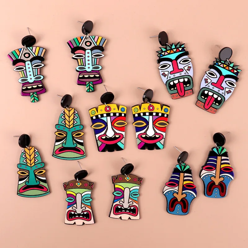 FishSheep Colorful Face Printed Acrylic Drop Earrings For Women Exaggerated Geometric Abstract Printing Earring Fashion Jewelry