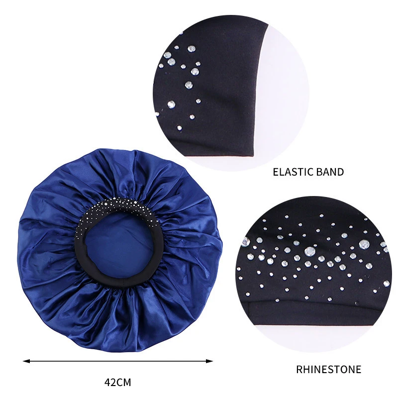 Extra Large Satin Silky Bonnet Sleep Cap Rhinestone Elastic Wide Band For Women Solid Color Head Wrap Brimmed Nightcap Night Hat