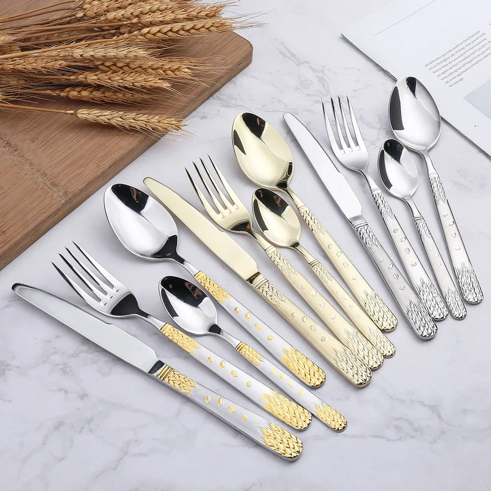 

4pcsX6 embossed cutlery gold-plated steak cutlery, wheat ear cutlery cutlery set spoon set