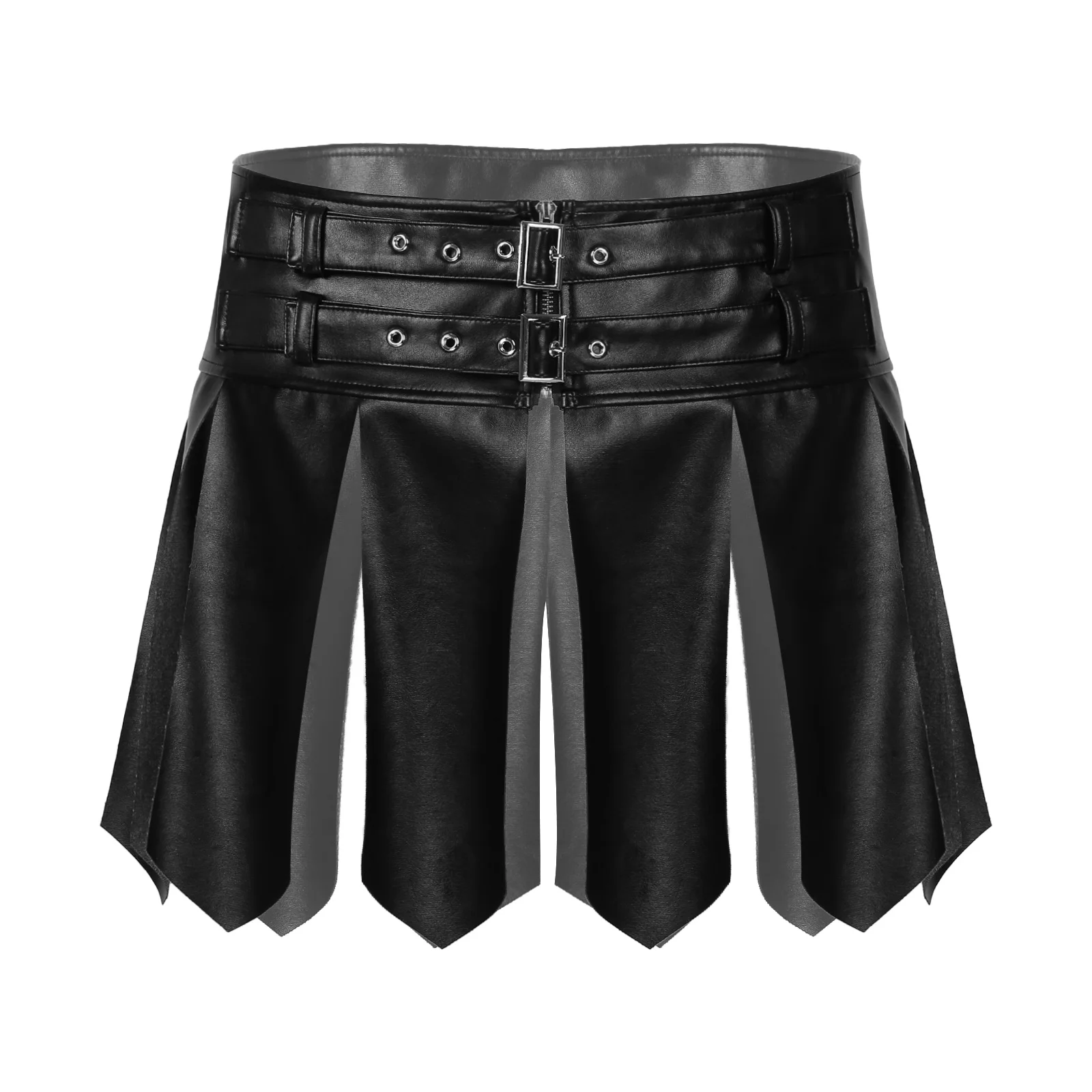 Men Black Solid Faux Leather Tassel Short Skirt Halloween Fancy Dress Ball Costume Adjustable Buckle Zipper Waistband Miniskirt