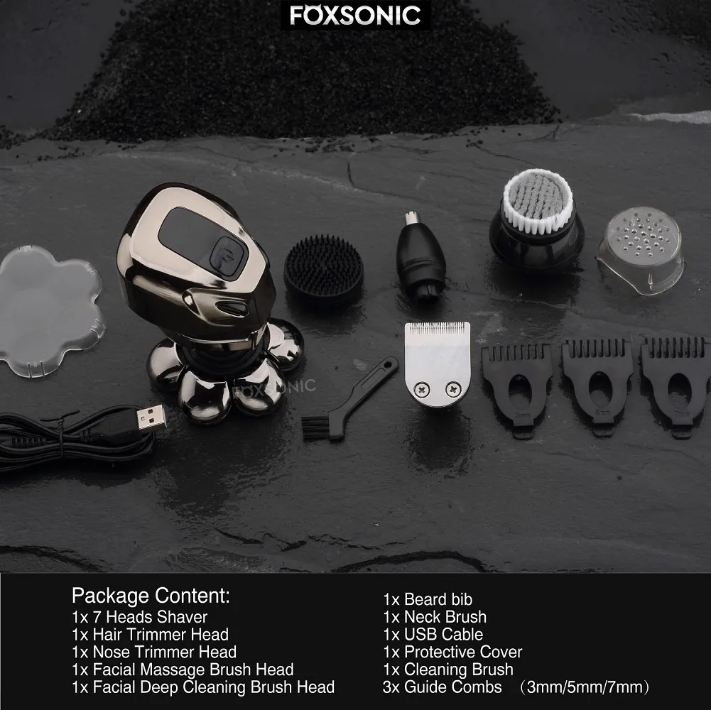 FOXSONIC-maquinilla de afeitar eléctrica para hombre, recortadora de cabeza seca y húmeda, con cabezal 7D, resistente al agua, con pantalla LED