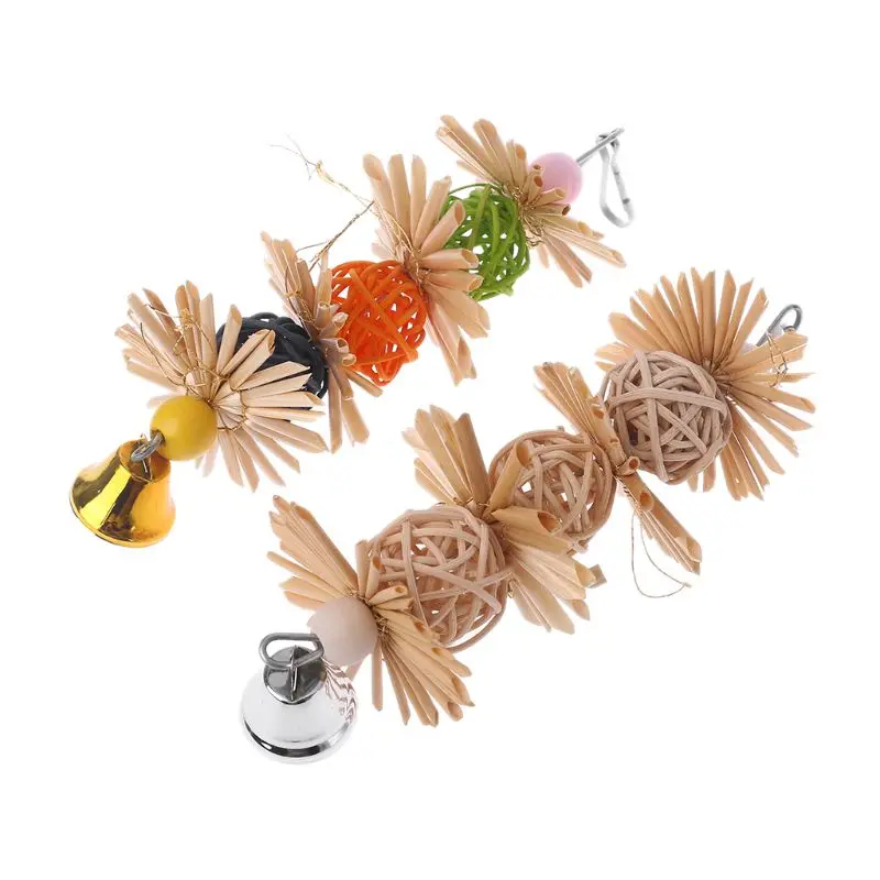 Bird Chewing Toy Parrot Cage Bite Toys Rattan Balls with Bell Colorful Entertainment Toys for Small Medium Parrots