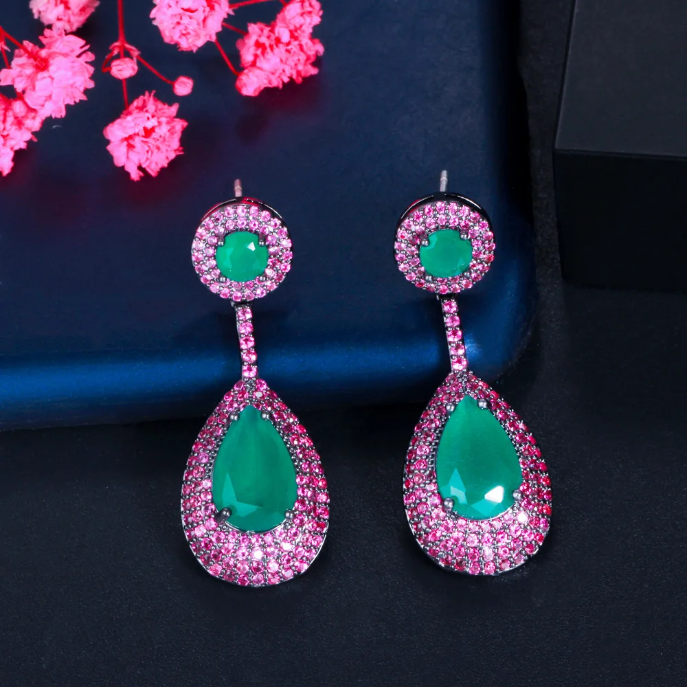 CWWZircons Elegant Micro Pave Hot Pink Cubic Zirconia Green Dangle Water Drop Engagement Party Earrings for Women Jewelry CZ868