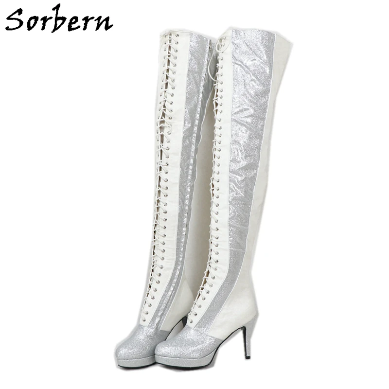 

Sorbern Blingbling Glitter Kinky Boots Block Heels Platform Winter Style Long Crotch Thigh High Boots Plush Linning Custom Wide