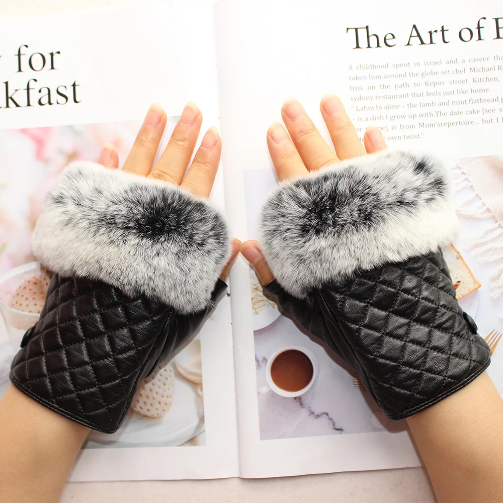 New female half-finger leather gloves spring and autumn student riding short rabbit fur rayon lining girl fashion driving gloves