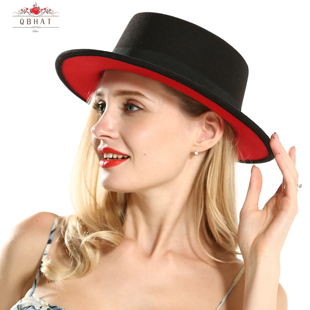 Outer Black Inner Red Flat Brim Sombreros Flat Top Felt Boater Hat Womens Lady Imitate Wool Fedora Hats with Black Ribbon