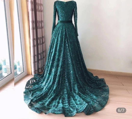 Dubai A-Line Luxury Evening Dresses Muslim 2021 Vintage Long Sleeves Sequined Sparkle Formal Prom Party Gowns Vestidos De Gala