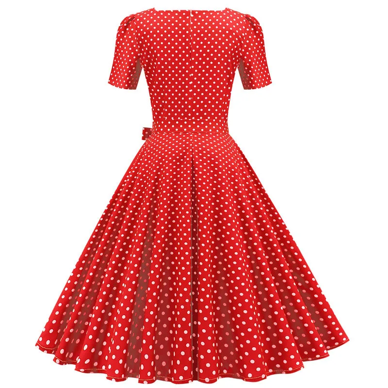 Polka Dot Vintage Dress Women Summer Elegant Short Sleeve Square Collar A-Line Midi Party Sundress 50s 60s Vestidos Plus Size