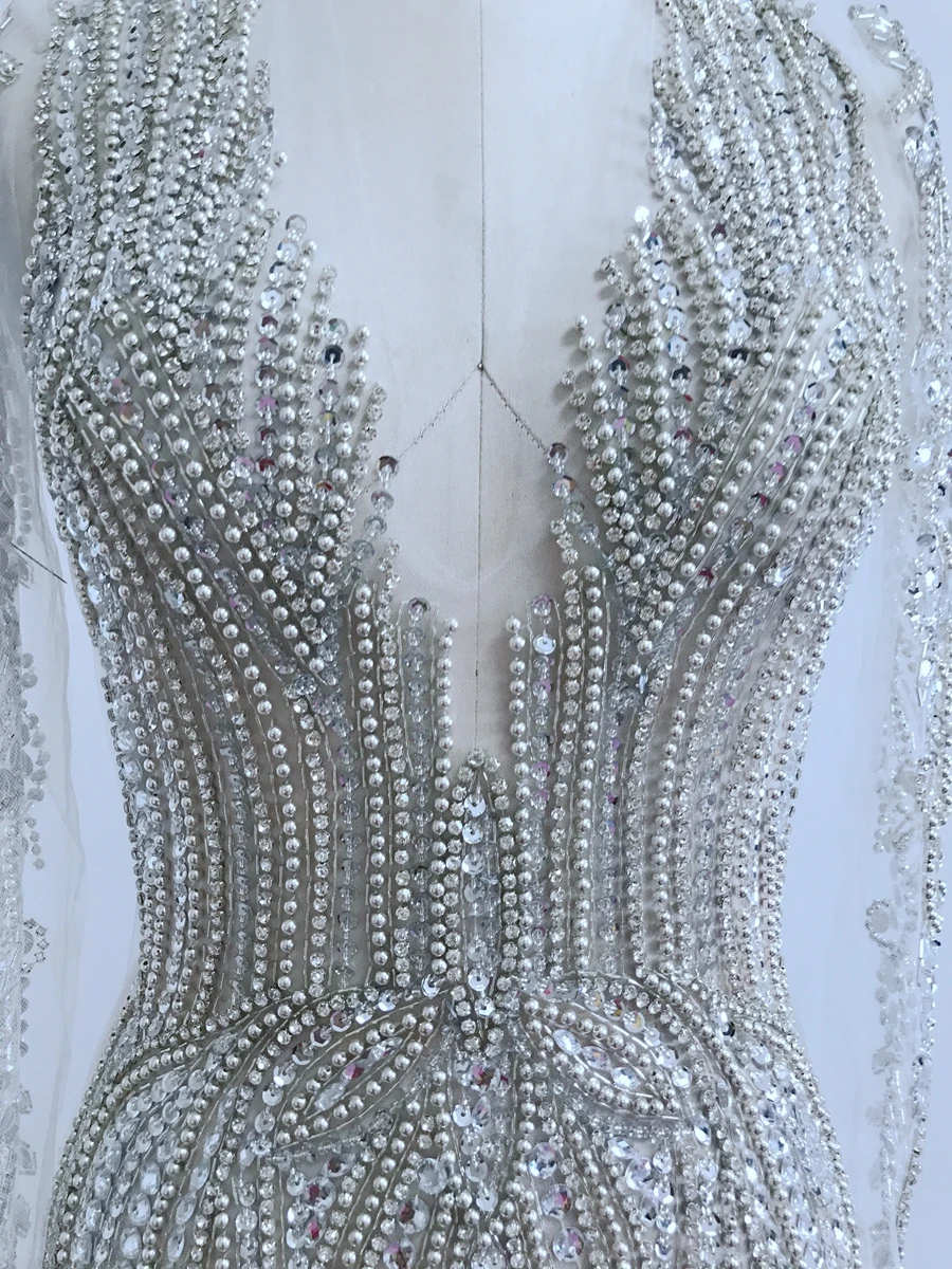 handmade silver/gold rhinestones  bodice applique on nude mesh full body patches accessory for dress accessory