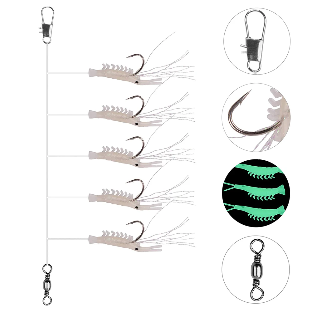 20/40/60Bags Luminous Shrimp live bait rigs Flash Glow lure String Fish Hooks Saltwater Mackerel Artificial Bait Fishing Gear