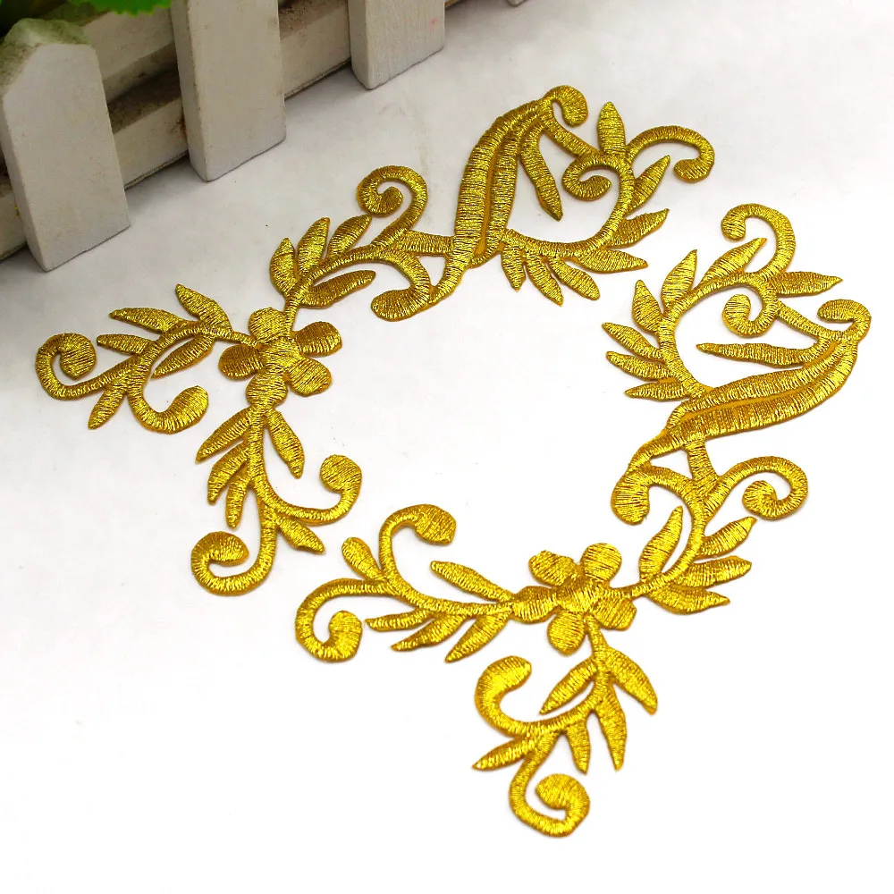 2 Pcs Iron On Flower Trims Gold Embroidery Patches Mirror Pair Appliques For Cosplay Costumes Dress 12.8cm-6.5cm