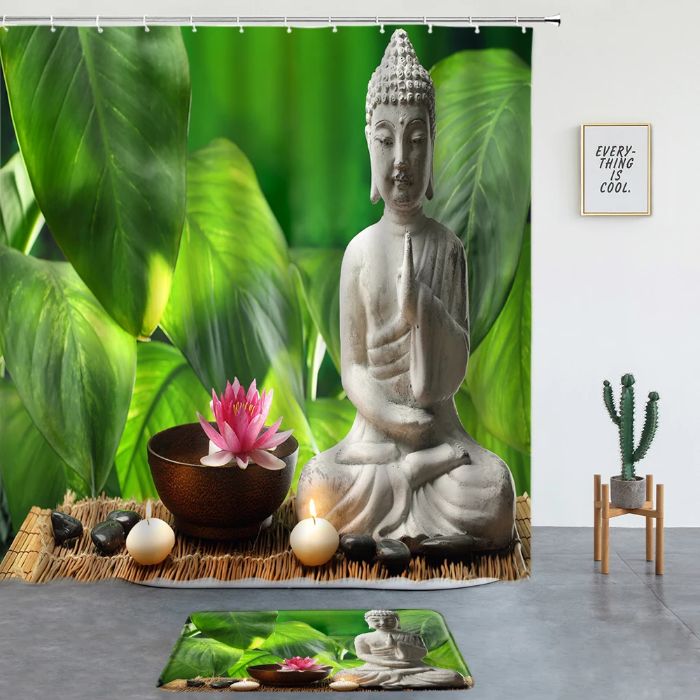 Buddha Shower Curtains Set Bath Mats Zen Stone Lotus Meditation Bathroom Decor Entrance Doormat Rugs Bath Screen Non-slip Carpet