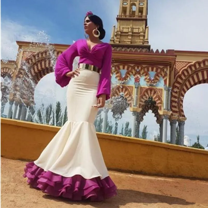 Purple Sexy Mermaid Prom Dresses Long Sleeves 2022 African Black Girls Celebrity Evening Gowns Saudi Arabia vestido de flamenca