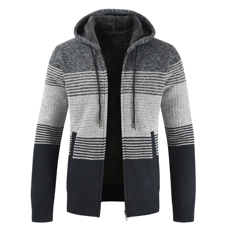Cardigan à capuche chaud pour homme, manteau pull, doublure en laine rayée, fermeture éclair, combinaison Smile, optique d\'hiver, 2024