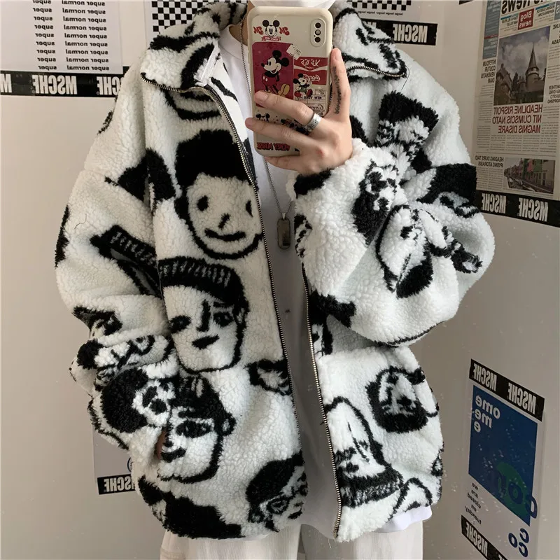 Korean Winter New Harajuku Lazy BF Style Coat Cute Cartoons Printing Full Sleeve Jacket Lambswool Keep Warm Zipper Outerwear