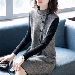 Spring Autumn Sweater Dress Women Turtleneck Knitting Slim Long Sleeve Lace Patchwork Knee-Length Oversize