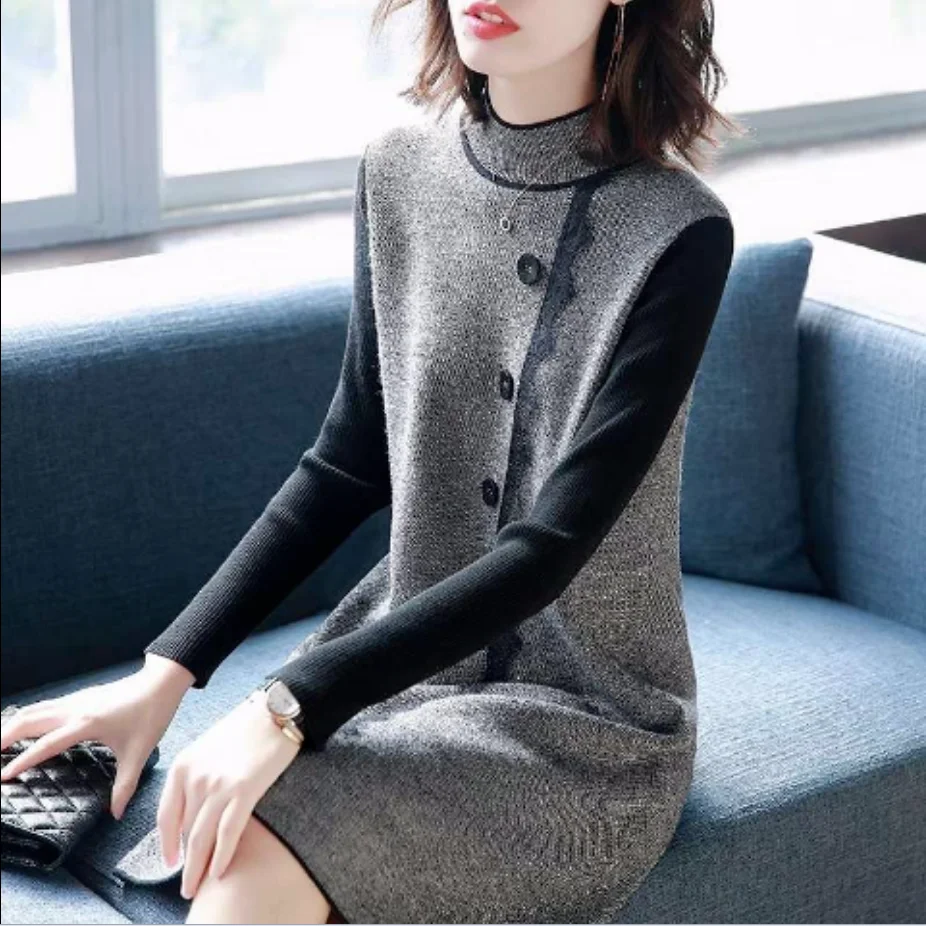 Women's Turtleneck Knitting Slim Long Sleeve Sweater Dress, Lace Patchwork, Knee-Length, Oversize, Spring, Autumn