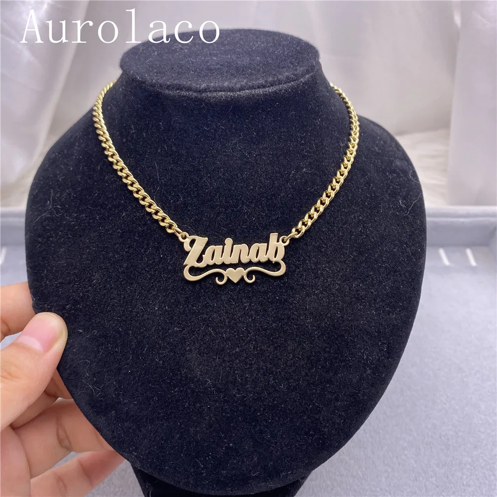 AurolaCo Custom Name Necklace With Heart Stainless Steel Cuban Chain Necklace Custom Letter Choker Necklace For Women