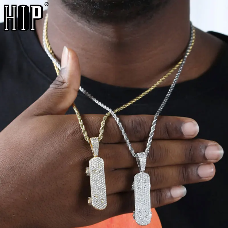 Hip Hop Iced Out AAA+ Bling Cubic Zirconia Skateboard Necklaces & Pendants For Men Women Rapper Jewelry