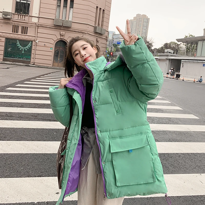 Winter 2021 new mid-length jacket warm hooded down cotton parka coat women's casual loose winter big fur collar ladies jacket