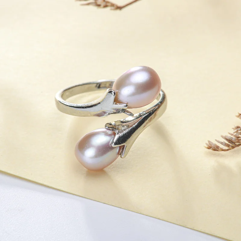 Zorun Adjustable Double Drop Pearl Ring Natural Freshwater 6-7mm Silver Color Fine Classical Jewelry for Women Design