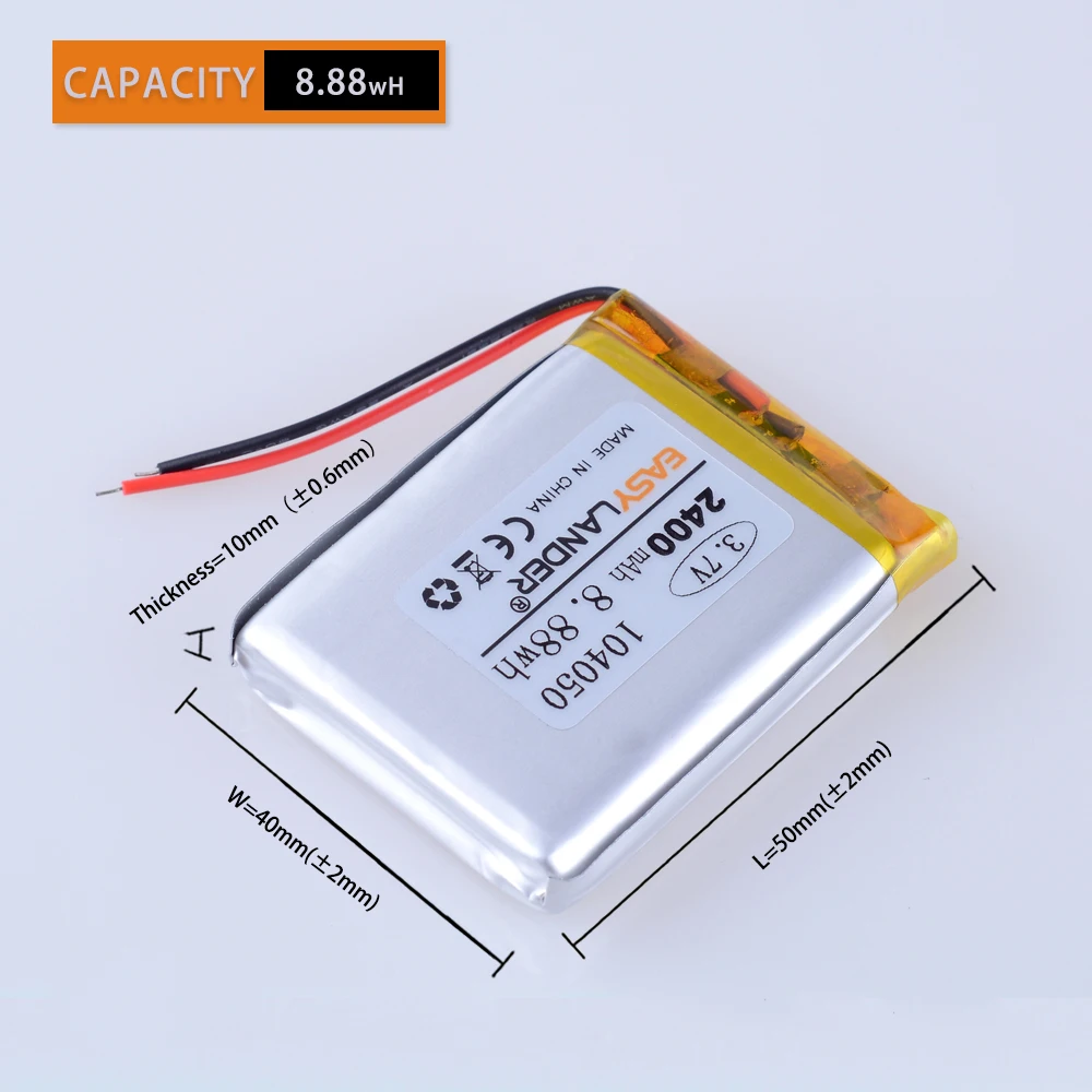 JST2.0 2P 3.7V 2400mAh 104050 Rechargeable Lithium Li-ion Polymer Battery Lipo