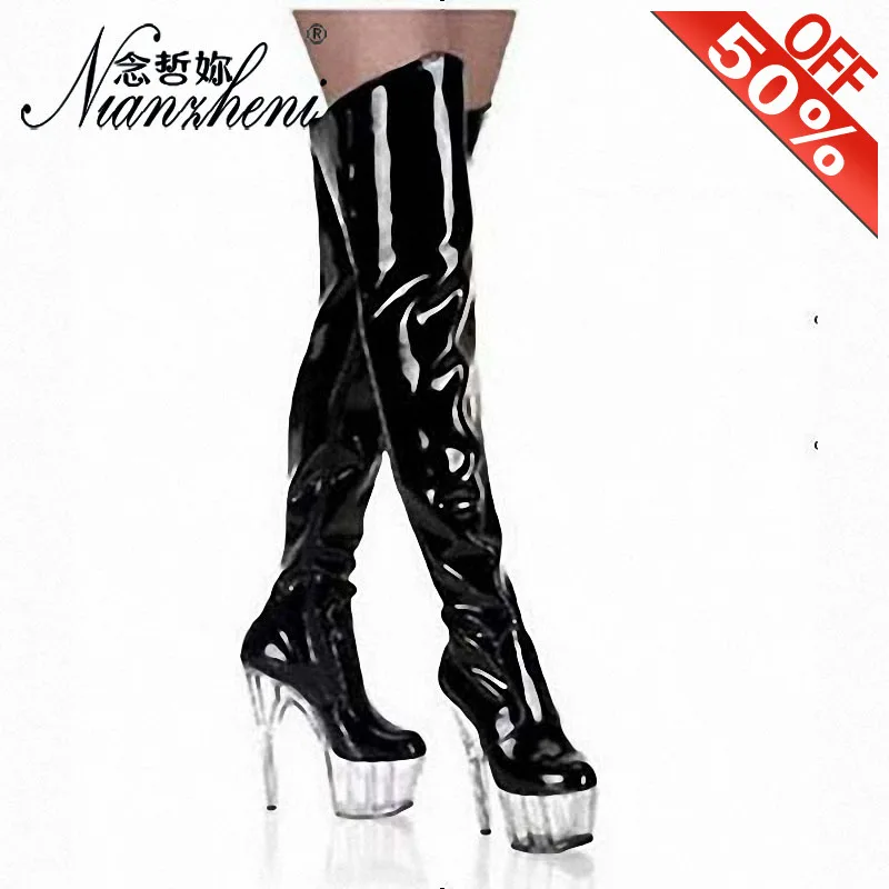 Crystal Platform Patent Leather Over The Knee Women Boots 15CM High Stripper Heels Pole Dance Shoes 6 Inch Stage Platform fetish