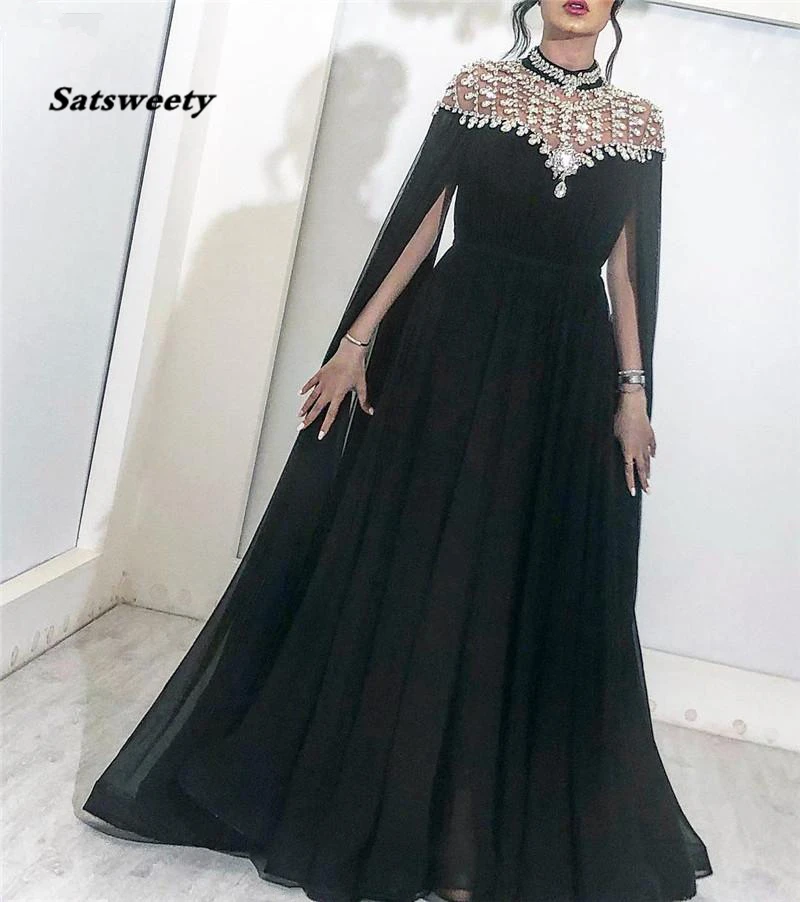 

Black Muslim Evening Dresses 2024 High Neck Caped Crystals Chiffon Dubai Kftan Saudi Arabic Formal Evening Gown Long Prom Dress