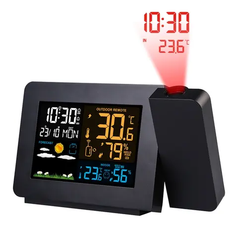 Reloj despertador atómico Digital, pantalla LCD a Color, estación meteorológica, Control por Radio, proyección de tiempo, temperatura, humedad, Sensor de pronóstico