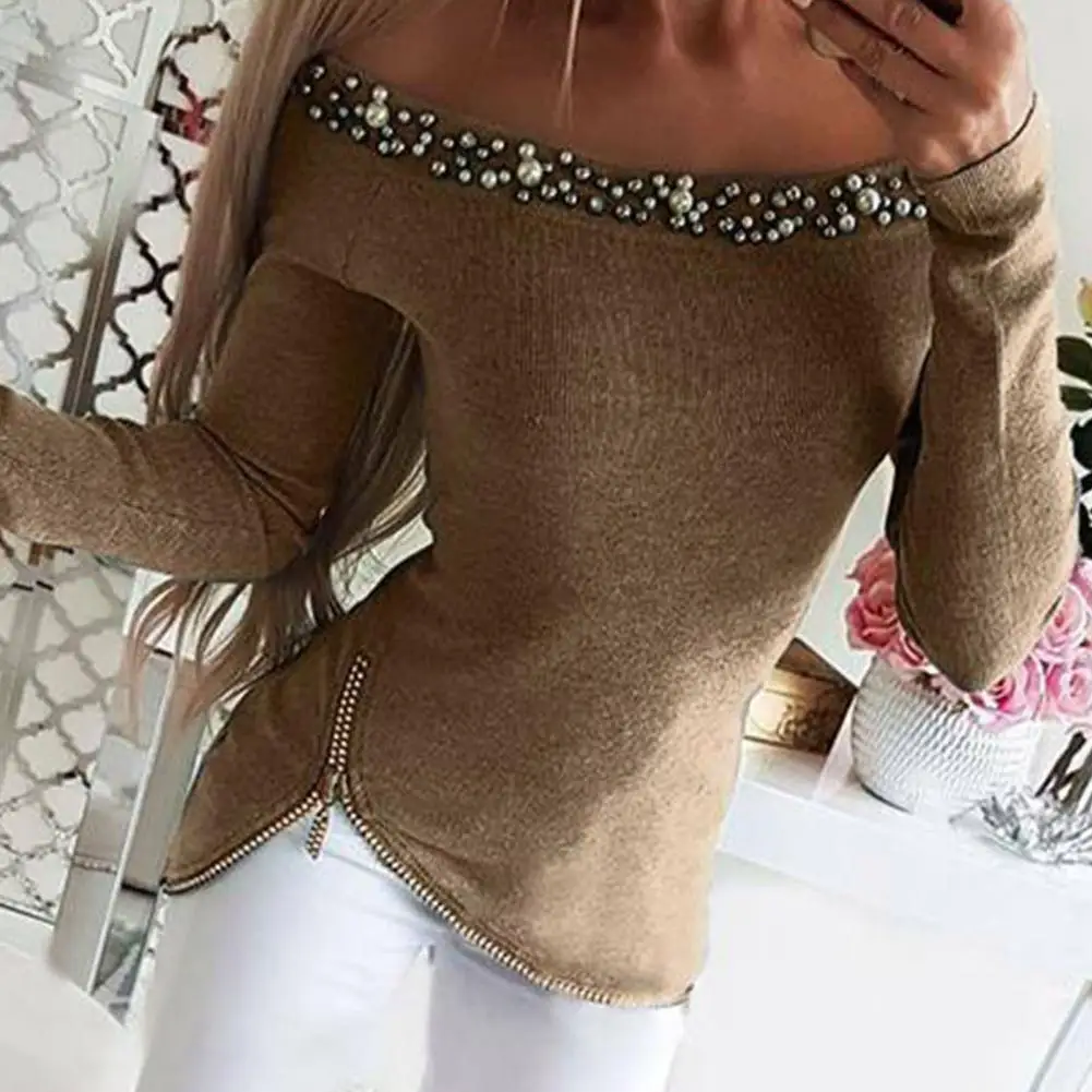 Camicetta da donna manica lunga Slim elastico con spalle scoperte Pullover colletto in finta perla cerniera Casual autunno inverno Pullover