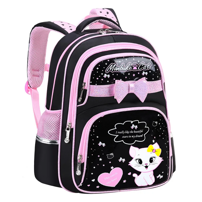 Mochila escolar de PU con lazo negro y rosa para niña, morral ortopédico Kawaii para niños de 6 a 12 años
