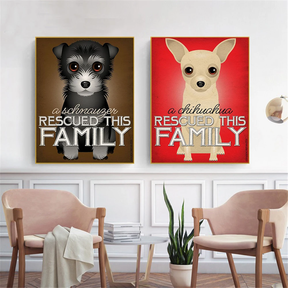Hanging Wall Art Retro Dog Poster Canvas Painting Rescued This Family Animals Wall Pictures for Living Room Home Decor Kids Gift