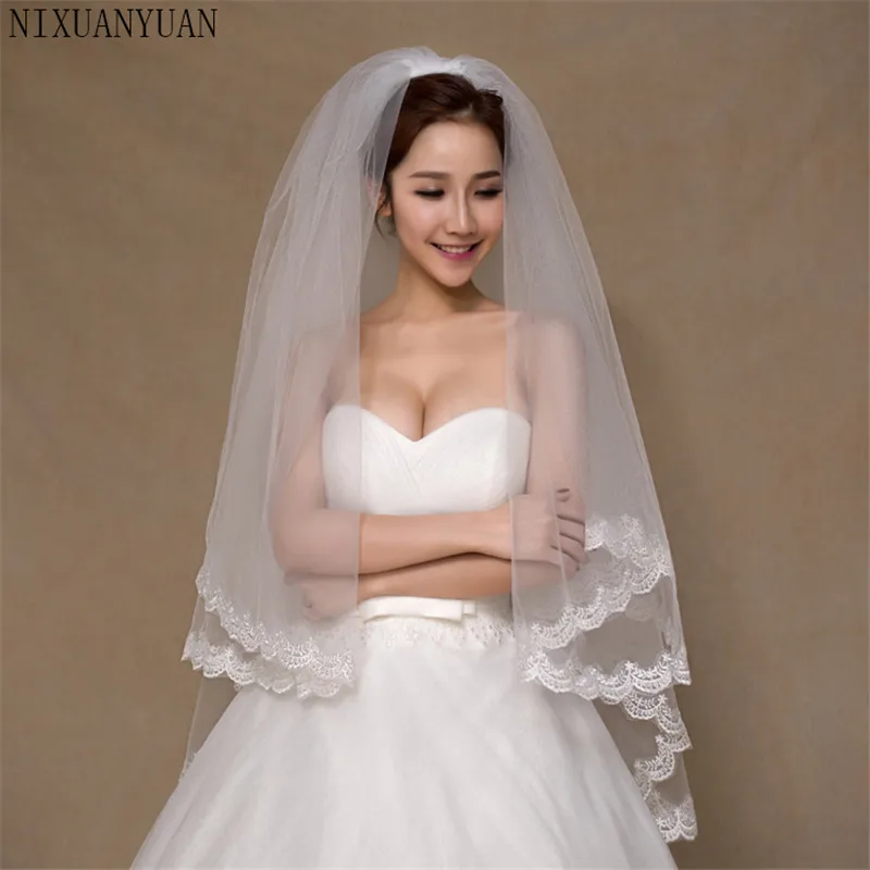 Nixuanyuan 2 Tier Bridal Veil Putih Gading Katedral Pendek Pernikahan Kerudung Renda Edge dengan Sisir Pengantin Kerudung