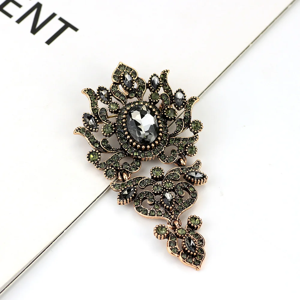 Gray Crystal Women Brooch Pins Vintage Turkish Wedding Jewelry Antique Gold Color Alloy Family Banquet Gift