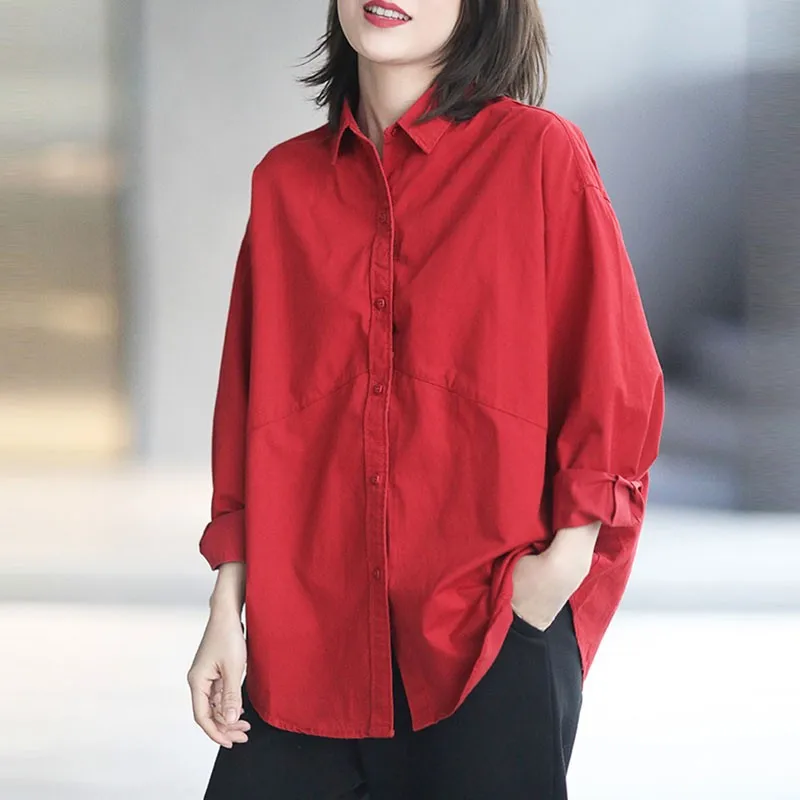 

Women Cotton Casual Shirts New Arrival 2021 Spring Simple Style Turn-down Collar Loose Female Long Sleeve Tops S3392