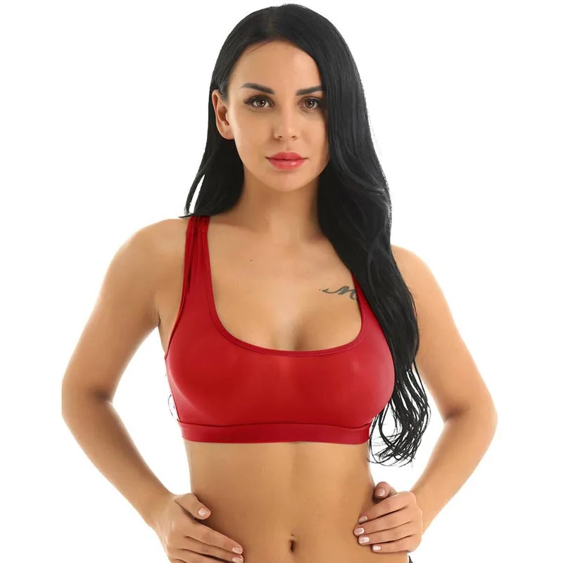 Top crop feminino sensual brilhante ajuste fino, sutiã esportivo top ultra fino colete regata roupa de dança